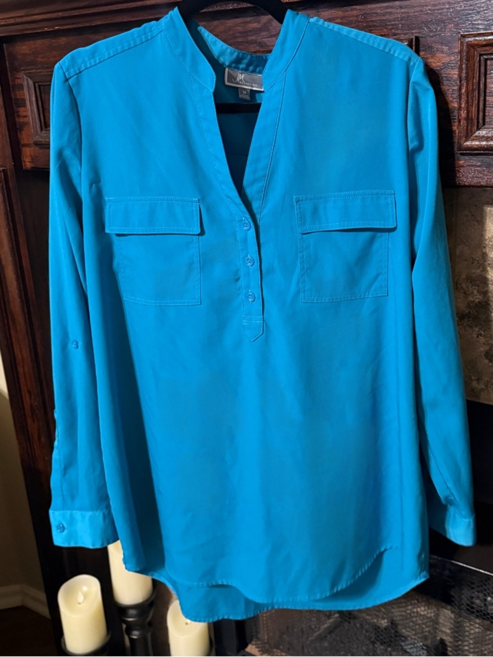 JM Collection Turquoise Blue Long Sleeve Popover Blouse Womens Size L